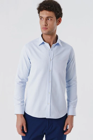 Koyu Mavi Uzun Kollu Armürlü Cepsiz Pamuklu Likralı Slim Fit Dar Kesim Gömlek 1004240193