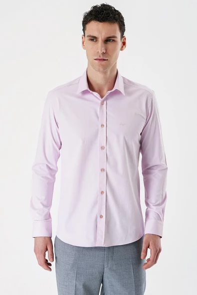 Pembe Uzun Kollu Armürlü Cepsiz Pamuklu Likralı Slim Fit Dar Kesim Gömlek 1004240193 - Resim 5