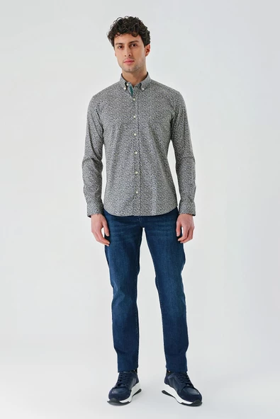 Koyu Lacivert Uzun Kollu Baskılı Cepsiz Biyeli Pamuklu Likralı Slim Fit Gömlek 1004240141 - 5
