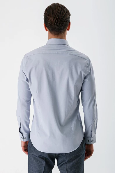 Gri Uzun Kollu Armürlü Cepsiz Pamuklu Likralı Slim Fit Dar Kesim Gömlek 1004240193 - 6