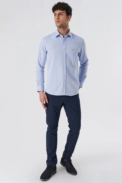 Mavi Uzun Kollu Armürlü Cepsiz Pamuklu Likralı Slim Fit Dar Kesim Gömlek 1004240193 - Resim 4