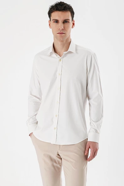 Açık Krem Uzun Kollu Armürlü Cepsiz Pamuklu Likralı Slim Fit Dar Kesim Gömlek 1004240193 - Resim 3