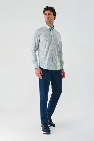 Beyaz Uzun Kollu Baskılı  Sert Yaka Cepsiz  Pamuklu Likralı Klasik Slim Fit Gömlek 1004240143 - Resim 5