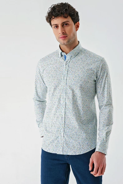 Beyaz Uzun Kollu Baskılı  Sert Yaka Cepsiz  Pamuklu Likralı Klasik Slim Fit Gömlek 1004240143 - Resim 3