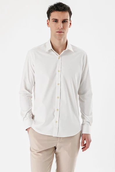 Açık Krem Uzun Kollu Armürlü Cepsiz Pamuklu Likralı Slim Fit Dar Kesim Gömlek 1004240193 - Resim 5