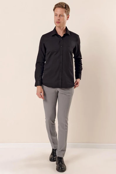 Siyah Uzun Kollu Armürlü Cepsiz Pamuklu Likralı Slim Fit Dar Kesim Gömlek 1004240193 - Resim 2