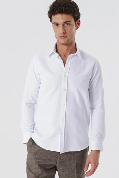 Beyaz Uzun Kollu Armürlü Cepsiz Pamuklu Likralı Slim Fit Dar Kesim Gömlek 1004240193