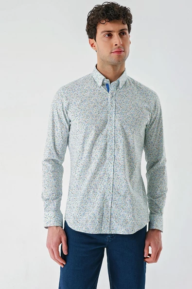 Beyaz Uzun Kollu Baskılı  Sert Yaka Cepsiz  Pamuklu Likralı Klasik Slim Fit Gömlek 1004240143 - Resim 2