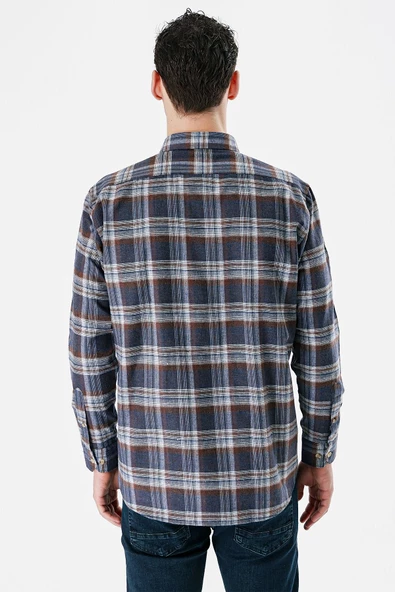 Lacivert Uzun Kollu Ekoseli Bez Ayağı Düğmeli Yaka Cepli Pamuklu Comfort Fit Gömlek 1004235173 - Resim 6