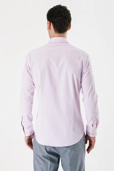 Pembe Uzun Kollu Armürlü Cepsiz Pamuklu Likralı Slim Fit Dar Kesim Gömlek 1004240193 - Resim 4