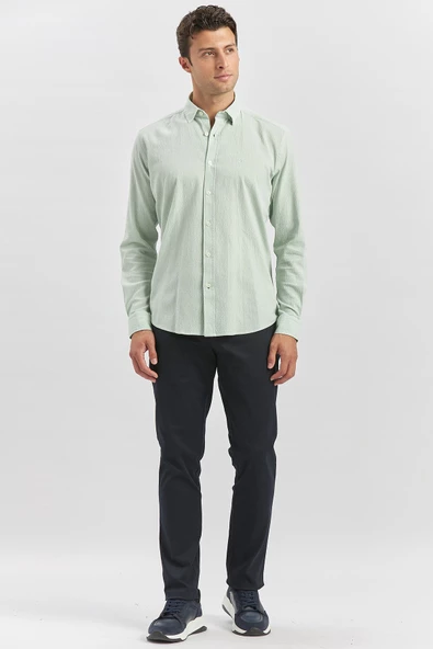 Açık Turkuaz Uzun Kollu Gofreli Biyeli %100 Pamuk Casual Slim Fit Dar Kesim Gömlek 1004240247 - Resim 5