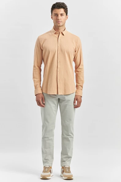 Turuncu Uzun Kollu Gofreli Biyeli %100 Pamuk Casual Slim Fit Dar Kesim Gömlek 1004240247 - Resim 4