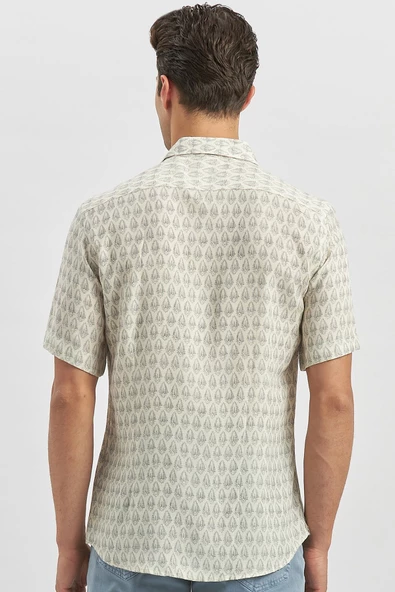 Koyu Lacivert Kısa Kollu Baskılı Düğmeli Yaka Keten Casual Slim Fit Dar Kesim Gömlek 1004240241 - Resim 5