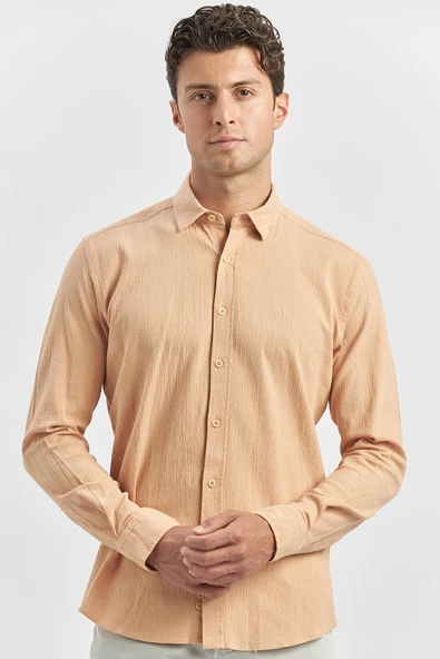 Turuncu Uzun Kollu Gofreli Biyeli %100 Pamuk Casual Slim Fit Dar Kesim Gömlek 1004240247 - Resim 2