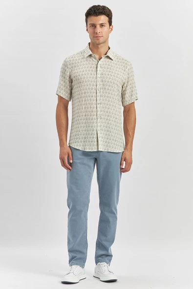 Koyu Lacivert Kısa Kollu Baskılı Düğmeli Yaka Keten Casual Slim Fit Dar Kesim Gömlek 1004240241 - Resim 3