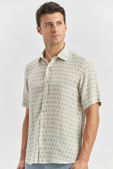 Koyu Lacivert Kısa Kollu Baskılı Düğmeli Yaka Keten Casual Slim Fit Dar Kesim Gömlek 1004240241 - Resim 2