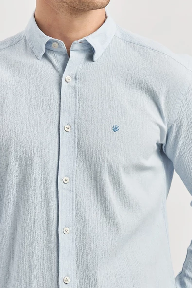 Mavi Uzun Kollu Gofreli Biyeli %100 Pamuk Casual Slim Fit Dar Kesim Gömlek 1004240247 - Resim 4