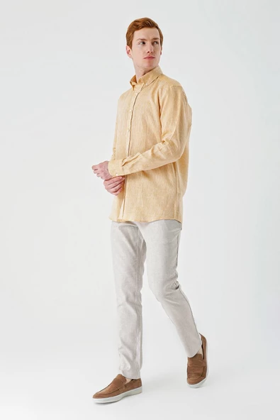 Hardal Uzun Kollu Cepsiz Biyeli %100 Keten Klasik Comfort Fit Rahat Kesim Gömlek 1004240186 - Resim 4