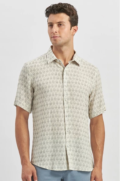 Koyu Lacivert Kısa Kollu Baskılı Düğmeli Yaka Keten Casual Slim Fit Dar Kesim Gömlek 1004240241 - Resim 4