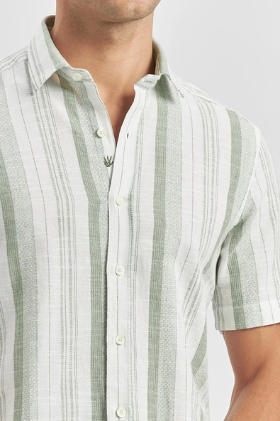 Koyu Yeşil Kısa Kollu Çizgili Armürlü Pamuklu Casual Slim Fit Dar Kesim Gömlek 1004240243 - Resim 3