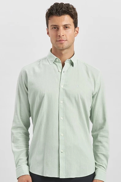 Açık Turkuaz Uzun Kollu Gofreli Biyeli %100 Pamuk Casual Slim Fit Dar Kesim Gömlek 1004240247 - Resim 4