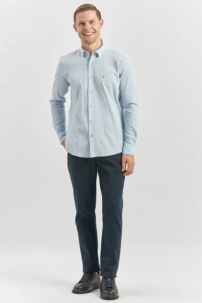 Mavi Uzun Kollu Gofreli Biyeli %100 Pamuk Casual Slim Fit Dar Kesim Gömlek 1004240247 - Resim 3