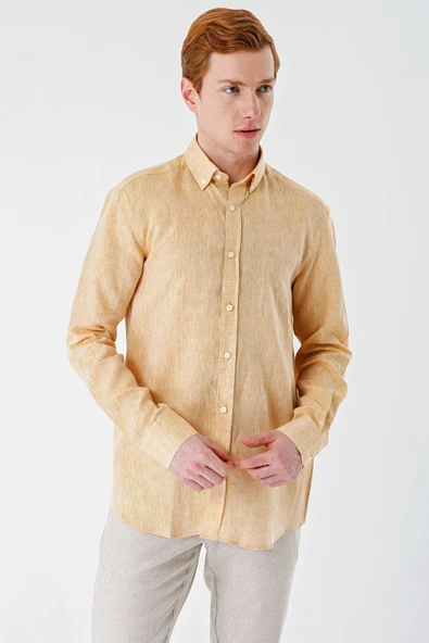 Hardal Uzun Kollu Cepsiz Biyeli %100 Keten Klasik Comfort Fit Rahat Kesim Gömlek 1004240186 - Resim 3