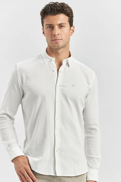 Beyaz Uzun Kollu Gofreli Biyeli %100 Pamuk Casual Slim Fit Dar Kesim Gömlek 1004240247
