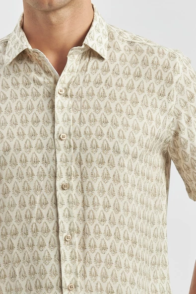 Yeşil Kısa Kollu Baskılı Düğmeli Yaka Keten Casual Slim Fit Dar Kesim Gömlek 1004240241 - Resim 6