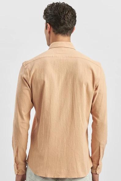 Turuncu Uzun Kollu Gofreli Biyeli %100 Pamuk Casual Slim Fit Dar Kesim Gömlek 1004240247 - Resim 6