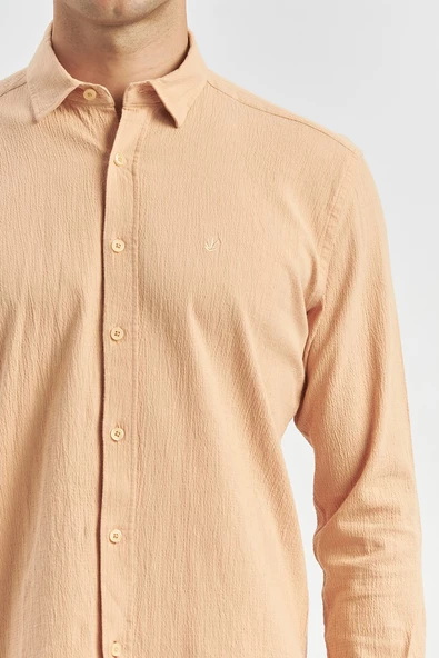 Turuncu Uzun Kollu Gofreli Biyeli %100 Pamuk Casual Slim Fit Dar Kesim Gömlek 1004240247 - Resim 5