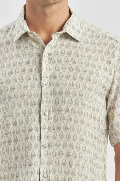 Koyu Lacivert Kısa Kollu Baskılı Düğmeli Yaka Keten Casual Slim Fit Dar Kesim Gömlek 1004240241 - Resim 6