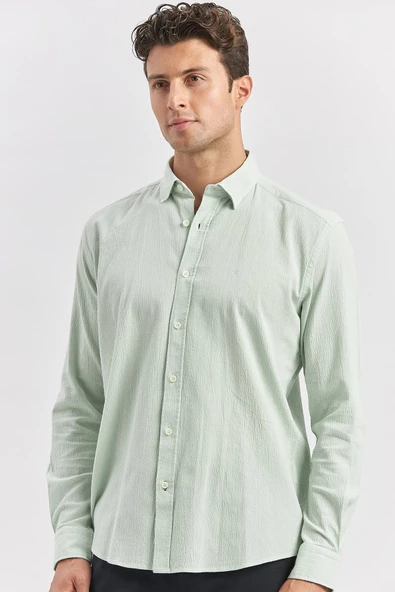 Açık Turkuaz Uzun Kollu Gofreli Biyeli %100 Pamuk Casual Slim Fit Dar Kesim Gömlek 1004240247 - Resim 2