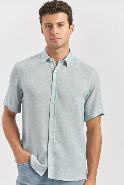 Koyu Lacivert Kısa Kollu Düğmeli Yaka Biyeli Keten Casual Slim Fit Dar Kesim Gömlek 1004240242