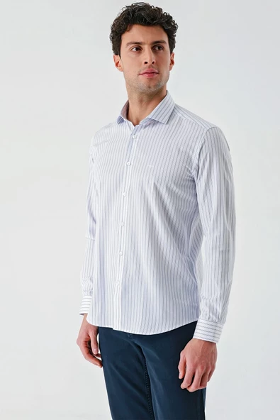 Beyaz Uzun Kollu Çizgili Armürlü Cepsiz Pamuklu Klasik Slim Fit Dar Kesim Gömlek 1004240229 - Resim 3