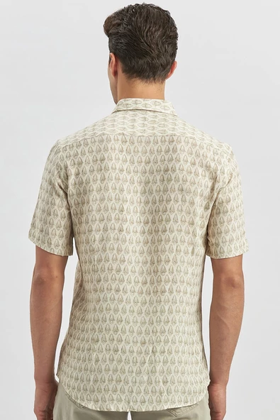 Yeşil Kısa Kollu Baskılı Düğmeli Yaka Keten Casual Slim Fit Dar Kesim Gömlek 1004240241 - Resim 5