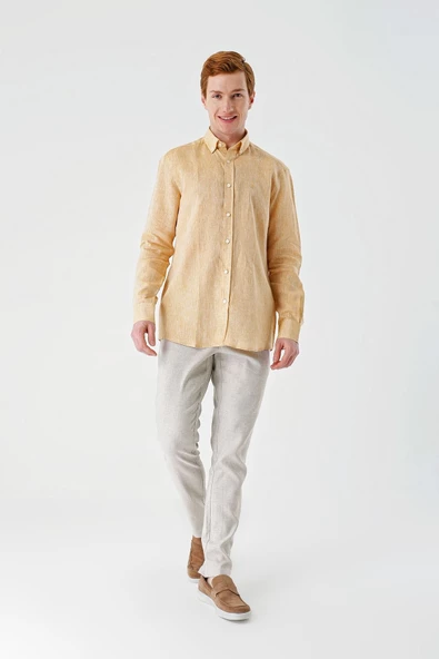 Hardal Uzun Kollu Cepsiz Biyeli %100 Keten Klasik Comfort Fit Rahat Kesim Gömlek 1004240186 - Resim 5