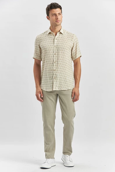 Yeşil Kısa Kollu Baskılı Düğmeli Yaka Keten Casual Slim Fit Dar Kesim Gömlek 1004240241 - Resim 3