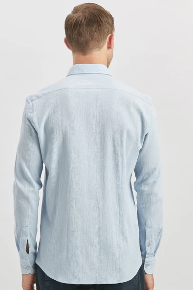 Mavi Uzun Kollu Gofreli Biyeli %100 Pamuk Casual Slim Fit Dar Kesim Gömlek 1004240247 - Resim 6