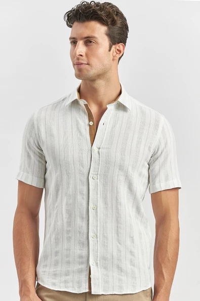 Bej Kısa Kollu Çizgili Armürlü Pamuklu Casual Slim Fit Dar Kesim Gömlek 1004240245