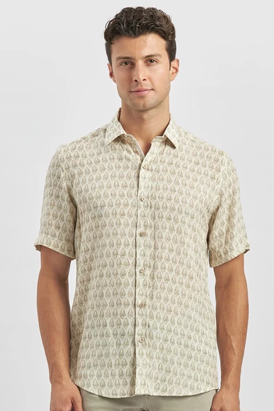 Yeşil Kısa Kollu Baskılı Düğmeli Yaka Keten Casual Slim Fit Dar Kesim Gömlek 1004240241 - Resim 2