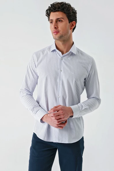Beyaz Uzun Kollu Çizgili Armürlü Cepsiz Pamuklu Klasik Slim Fit Dar Kesim Gömlek 1004240229 - Resim 2