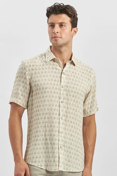 Yeşil Kısa Kollu Baskılı Düğmeli Yaka Keten Casual Slim Fit Dar Kesim Gömlek 1004240241 - Resim 4