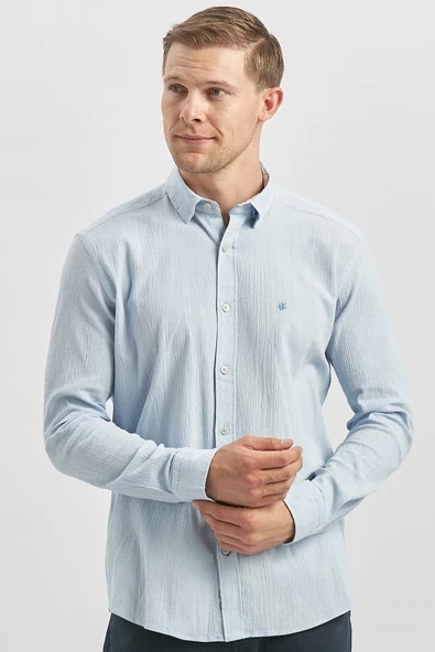 Mavi Uzun Kollu Gofreli Biyeli %100 Pamuk Casual Slim Fit Dar Kesim Gömlek 1004240247 - Resim 2