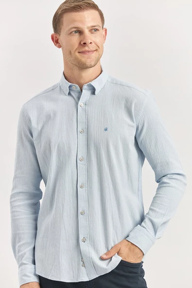 Mavi Uzun Kollu Gofreli Biyeli %100 Pamuk Casual Slim Fit Dar Kesim Gömlek 1004240247 - Resim 5