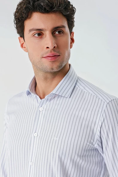 Beyaz Uzun Kollu Çizgili Armürlü Cepsiz Pamuklu Klasik Slim Fit Dar Kesim Gömlek 1004240229 - Resim 6
