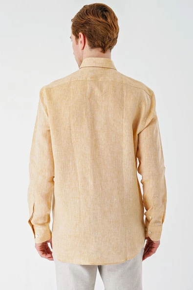 Hardal Uzun Kollu Cepsiz Biyeli %100 Keten Klasik Comfort Fit Rahat Kesim Gömlek 1004240186 - Resim 8