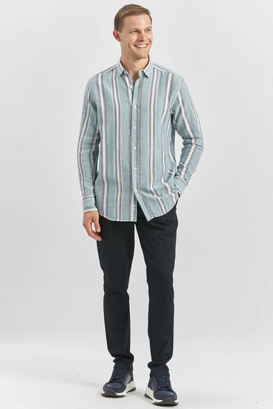 Koyu Lacivert Kısalabilir Kollu Çizgili %100 Pamuk Casual Comfort Fit Gömlek 1004240246 - Resim 4