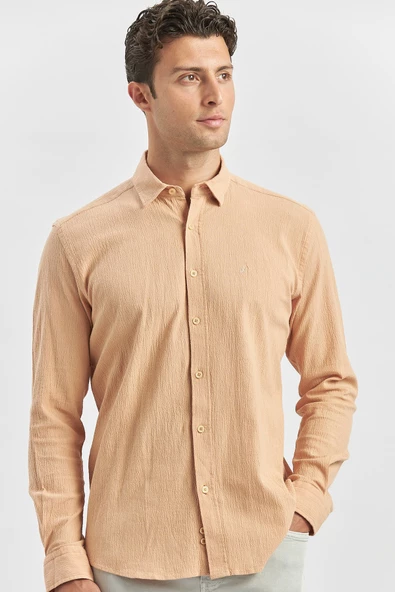 Turuncu Uzun Kollu Gofreli Biyeli %100 Pamuk Casual Slim Fit Dar Kesim Gömlek 1004240247 - Resim 3