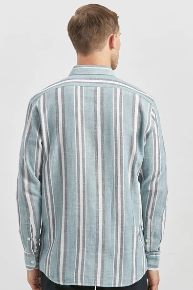 Koyu Lacivert Kısalabilir Kollu Çizgili %100 Pamuk Casual Comfort Fit Gömlek 1004240246 - Resim 6